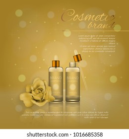 Vector 3D cosmetic illustration with rose and bokeh background. Beauty realistic cosmetic product design template