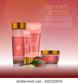 Vector 3D cosmetic illustration with rose and bokeh background. Beauty realistic cosmetic product design template