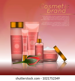 Ilustración cosmética vectorial 3D con fondo rosa y bokeh. Plantilla de diseño de productos cosméticos de belleza realista