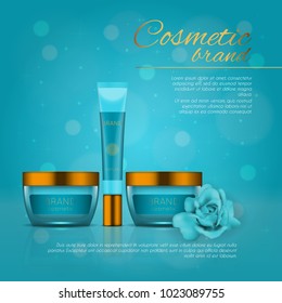 Vector 3D cosmetic illustration with rose and bokeh background. Beauty realistic cosmetic product design template