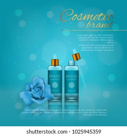 Vector 3D cosmetic illustration with rose and bokeh background. Beauty realistic cosmetic product design template