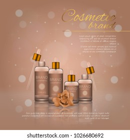 Vector 3D cosmetic illustration with rose and bokeh background. Beauty realistic cosmetic product design template