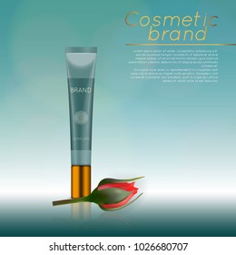 Vector 3D cosmetic illustration with rose and bokeh background. Beauty realistic cosmetic product design template
