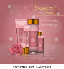 Vector 3D cosmetic illustration with rose and bokeh background. Beauty realistic cosmetic product design template
