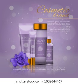 Vector 3D cosmetic illustration with rose and bokeh background. Beauty realistic cosmetic product design template