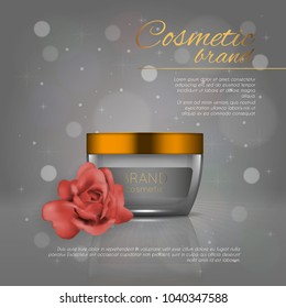 Vector 3D cosmetic illustration with rose and bokeh background. Beauty realistic cosmetic product design template