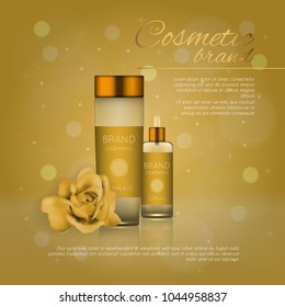 Vector 3D cosmetic illustration with rose and bokeh background. Beauty realistic cosmetic product design template