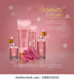 Vector 3D cosmetic illustration with rose and bokeh background. Beauty realistic cosmetic product design template