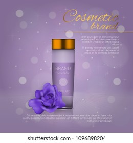 Vector 3D cosmetic illustration with rose and bokeh background. Beauty realistic cosmetic product design template
