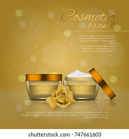 Vector 3D cosmetic illustration with rose and bokeh background. Beauty realistic cosmetic product design template