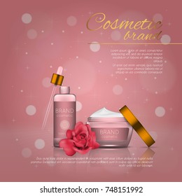 Vector 3D cosmetic illustration with rose and bokeh background. Beauty realistic cosmetic product design template