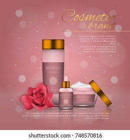 Vector 3D cosmetic illustration with rose and bokeh background. Beauty realistic cosmetic product design template