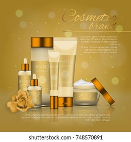 Vector 3D cosmetic illustration with rose and bokeh background. Beauty realistic cosmetic product design template