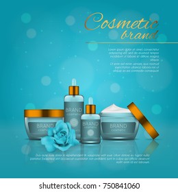 Vector 3D cosmetic illustration with rose and bokeh background. Beauty realistic cosmetic product design template