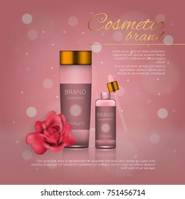 Vector 3D cosmetic illustration with rose and bokeh background. Beauty realistic cosmetic product design template