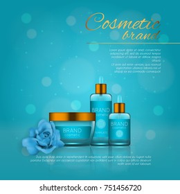 Vector 3D cosmetic illustration with rose and bokeh background. Beauty realistic cosmetic product design template