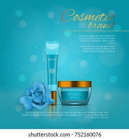 Vector 3D cosmetic illustration with rose and bokeh background. Beauty realistic cosmetic product design template