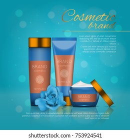 Vector 3D cosmetic illustration with rose and bokeh background. Beauty realistic cosmetic product design template
