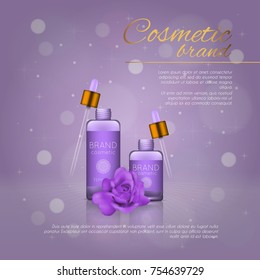 Vector 3D cosmetic illustration with rose and bokeh background. Beauty realistic cosmetic product design template