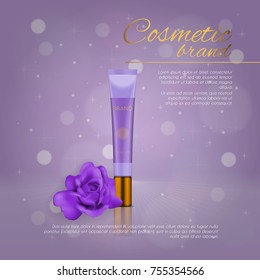 Vector 3D cosmetic illustration with rose and bokeh background. Beauty realistic cosmetic product design template