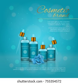 Vector 3D cosmetic illustration with rose and bokeh background. Beauty realistic cosmetic product design template