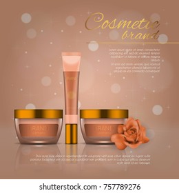Vector 3D cosmetic illustration with rose and bokeh background. Beauty realistic cosmetic product design template
