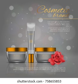 Vector 3D cosmetic illustration with rose and bokeh background. Beauty realistic cosmetic product design template
