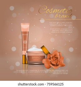 Vector 3D cosmetic illustration with rose and bokeh background. Beauty realistic cosmetic product design template