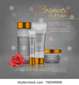Vector 3D cosmetic illustration with rose and bokeh background. Beauty realistic cosmetic product design template