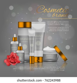 Vector 3D cosmetic illustration with rose and bokeh background. Beauty realistic cosmetic product design template