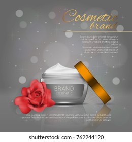 Vector 3D cosmetic illustration with rose and bokeh background. Beauty realistic cosmetic product design template