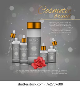 Vector 3D cosmetic illustration with rose and bokeh background. Beauty realistic cosmetic product design template