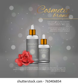 Vector 3D cosmetic illustration with rose and bokeh background. Beauty realistic cosmetic product design template