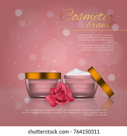 Vector 3D cosmetic illustration with rose and bokeh background. Beauty realistic cosmetic product design template