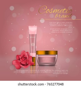 Vector 3D cosmetic illustration with rose and bokeh background. Beauty realistic cosmetic product design template