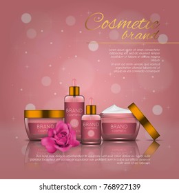 Vector 3D cosmetic illustration with rose and bokeh background. Beauty realistic cosmetic product design template