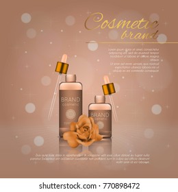 Vector 3D cosmetic illustration with rose and bokeh background. Beauty realistic cosmetic product design template