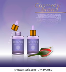 Vector 3D cosmetic illustration with rose and bokeh background. Beauty realistic cosmetic product design template