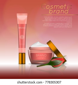 Vector 3D cosmetic illustration with rose and bokeh background. Beauty realistic cosmetic product design template