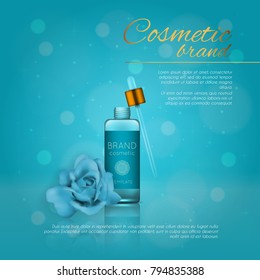 Vector 3D cosmetic illustration with rose and bokeh background. Beauty realistic cosmetic product design template