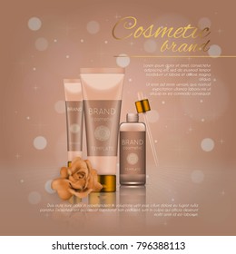 Vector 3D cosmetic illustration with rose and bokeh background. Beauty realistic cosmetic product design template
