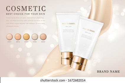 Vector 3D cosmetic make up illustration foundation product bottle with creamy shiny elegant background