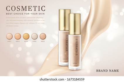 Vector 3D cosmetic make up illustration foundation product bottle with creamy shiny elegant background