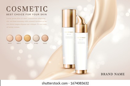 Vector 3D cosmetic make up illustration foundation product bottle with creamy shiny elegant background