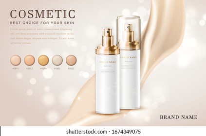 Vector 3D cosmetic make up illustration foundation product bottle with creamy shiny elegant background