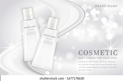 Vector 3D cosmetic make up illustration product bottle with elegant white shiny background