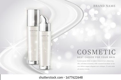 Vector 3D cosmetic make up illustration product bottle with elegant white shiny background