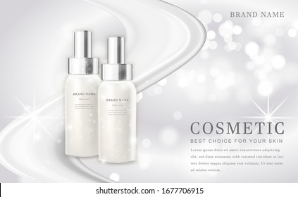 Vector 3D cosmetic make up illustration product bottle with elegant white shiny background