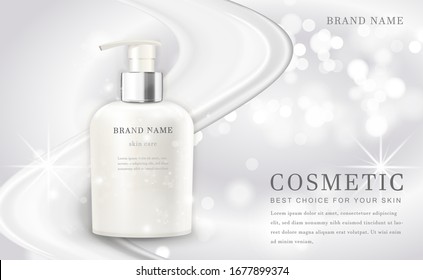 Vector 3D cosmetic make up illustration product bottle with elegant white shiny background