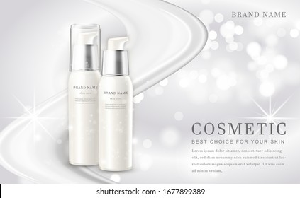 Vector 3D cosmetic make up illustration product bottle with elegant white shiny background